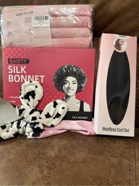 Baisty Silk Bonnet Set in Pink with Cow-Print Headband
